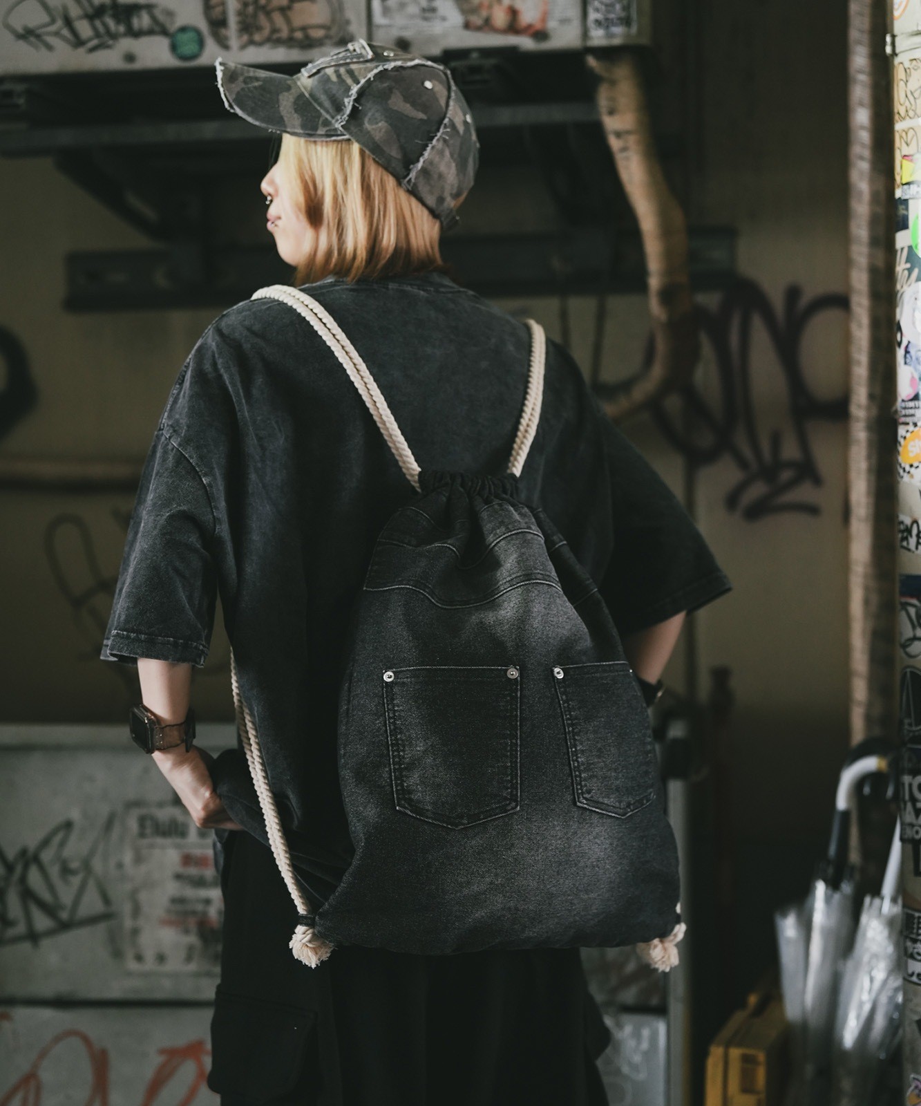 DEVICE Washed Denim Drawstring Backpack Unisex Vintage Finish RRD24049
