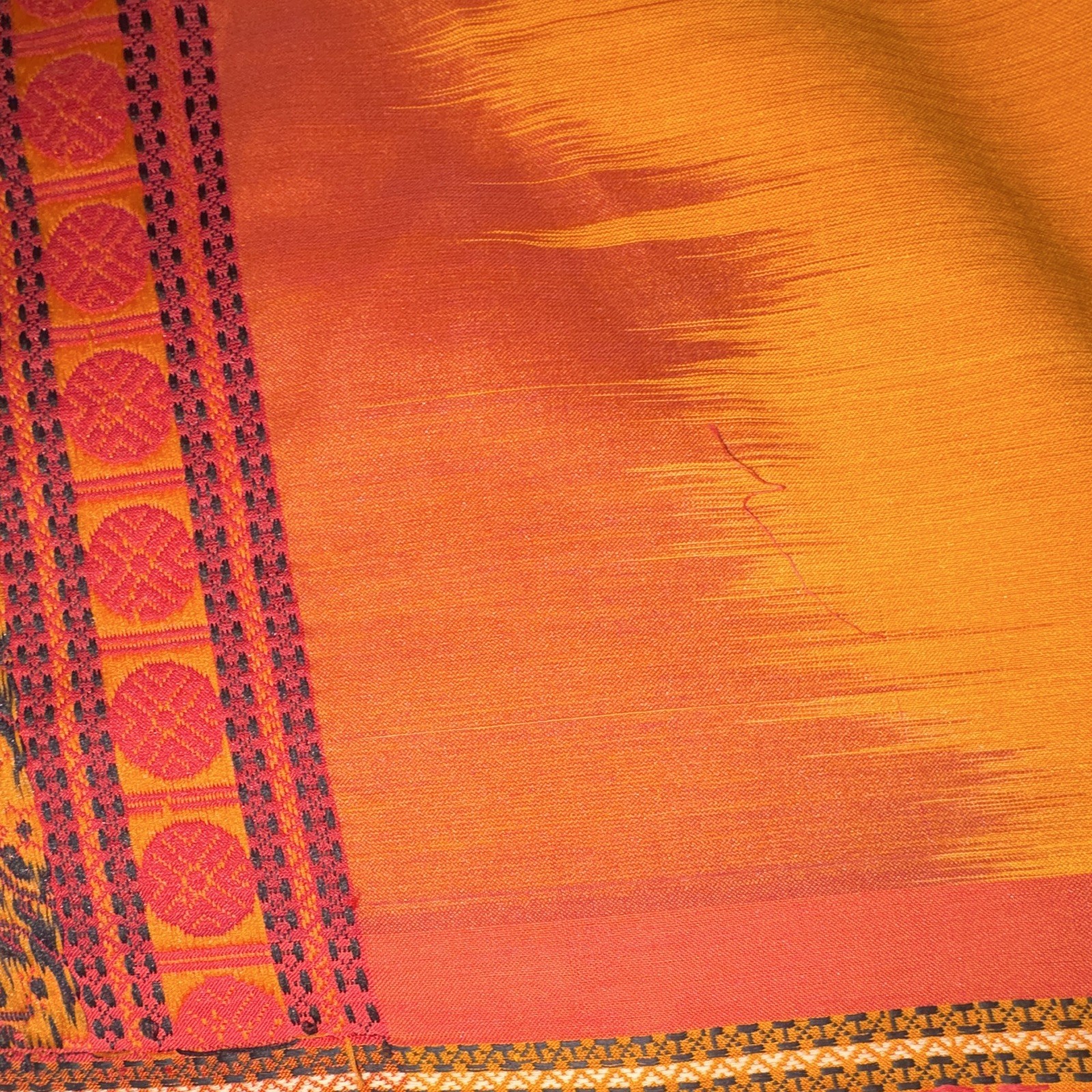 Womens Orange Red Black Gold Woven Synthetic Saree with Patterned Border