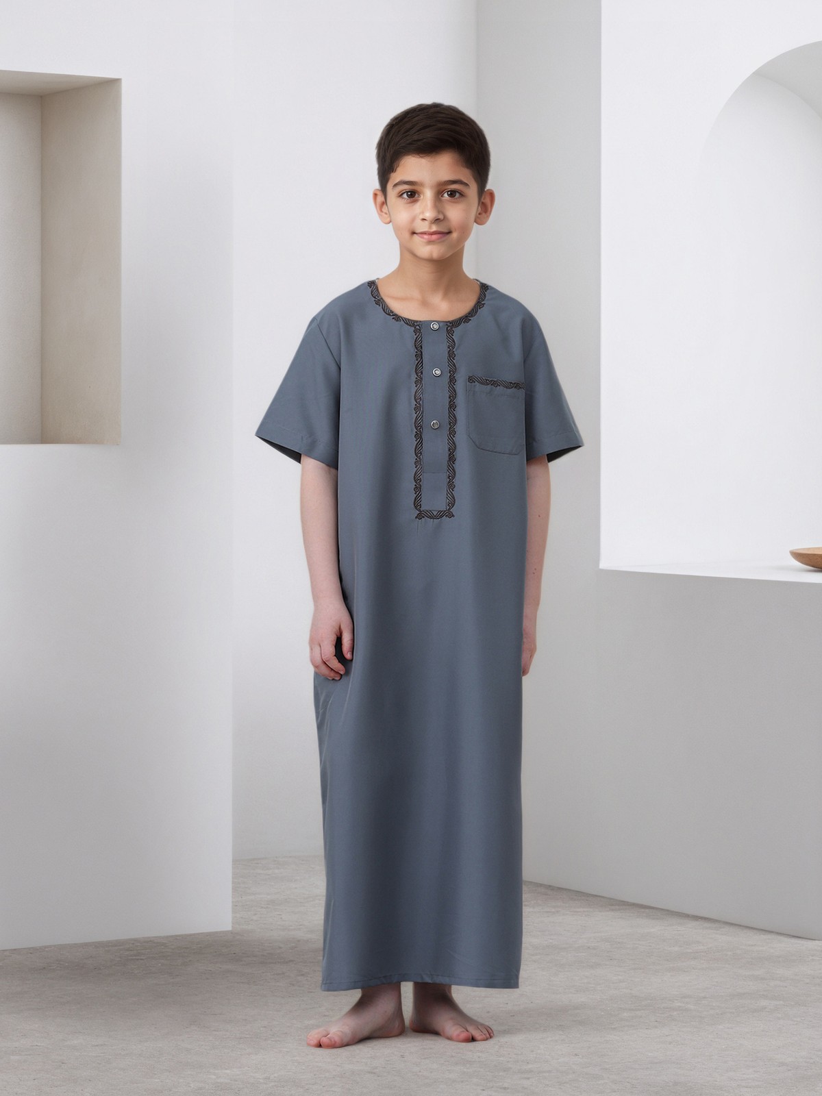Saudi Arab Boys Thobe Jubba Long Sleeve Abaya Coat Simple Button Daily Wear Eid