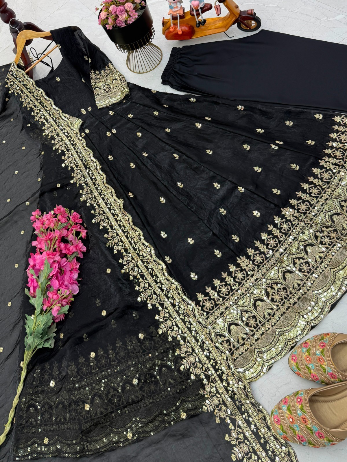 Black Fendy Silk Heavy Embroidery Ready Made Anarkali Salwar Kameez Party Wear