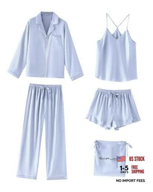 Satin Silk Pajamas for Women Set 5PCS Classic Button Down Large Blue Stripe