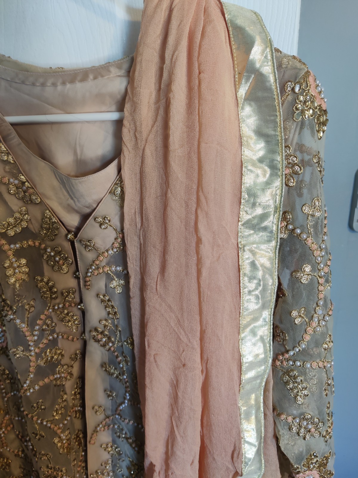 Pakistani Net Sequin Beige Embroidered Salwar Kameez Set with Dupatta