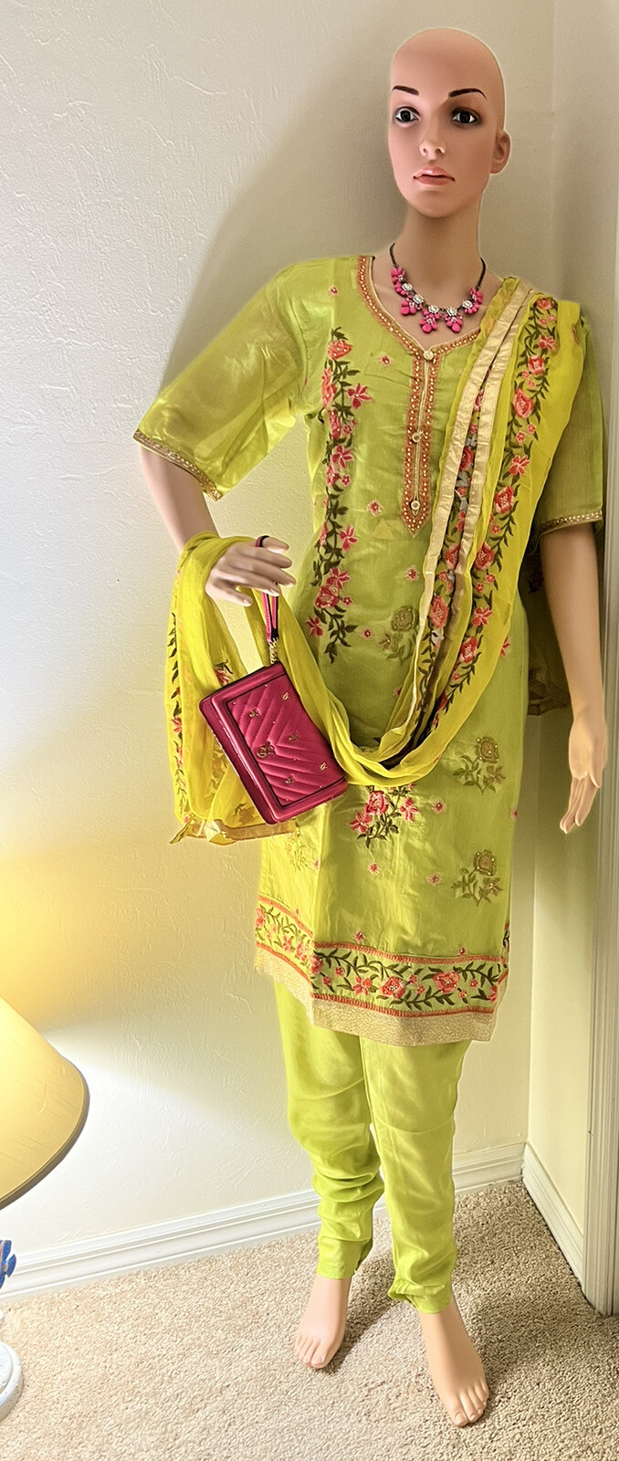 Indian Chanderi silk Readymade 38” Kameez 3pc Set in green.