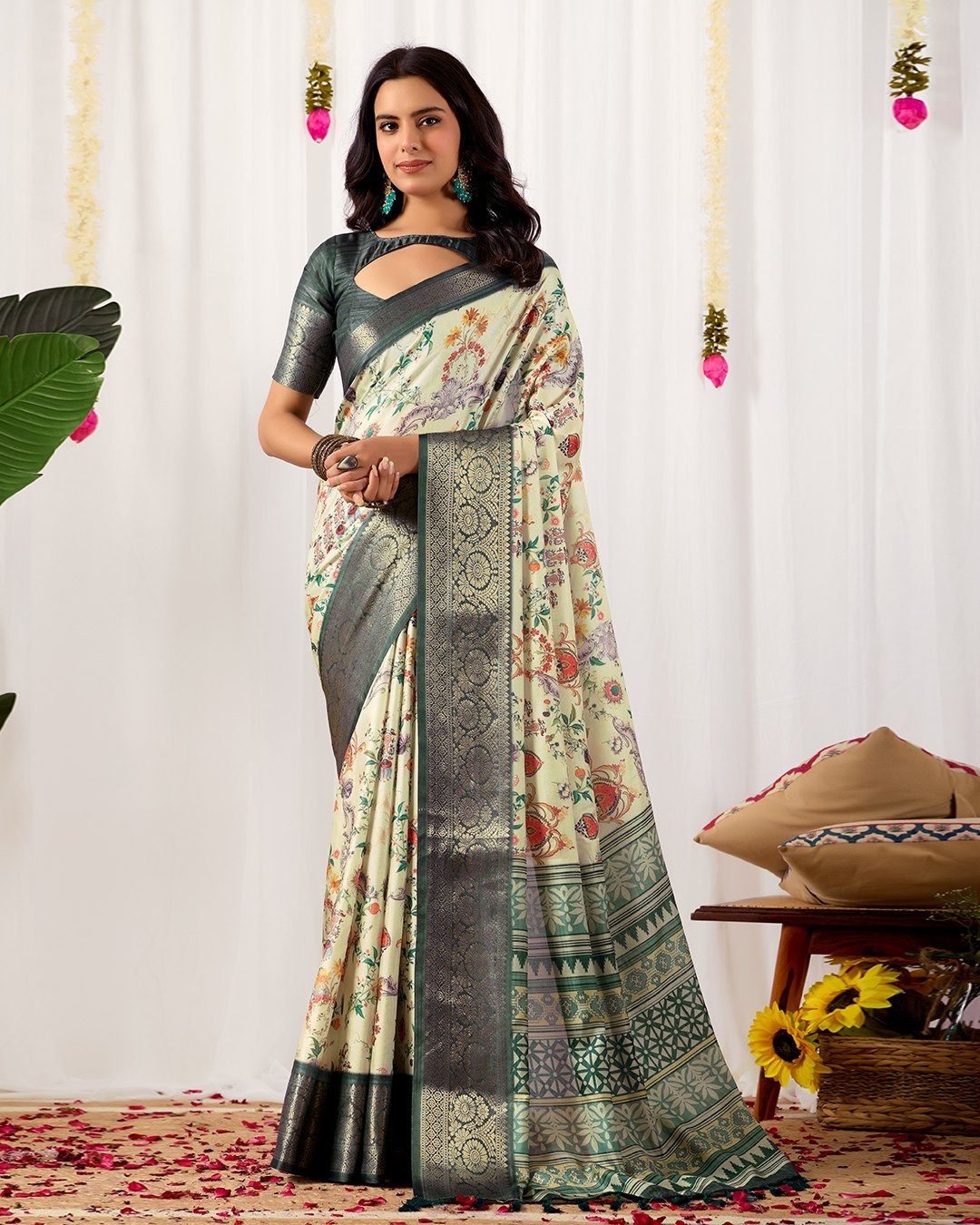 PREMIUM SOFT LICHI SILK SAREE – VIBRANT DIGITAL FLORAL & RICH ZARI