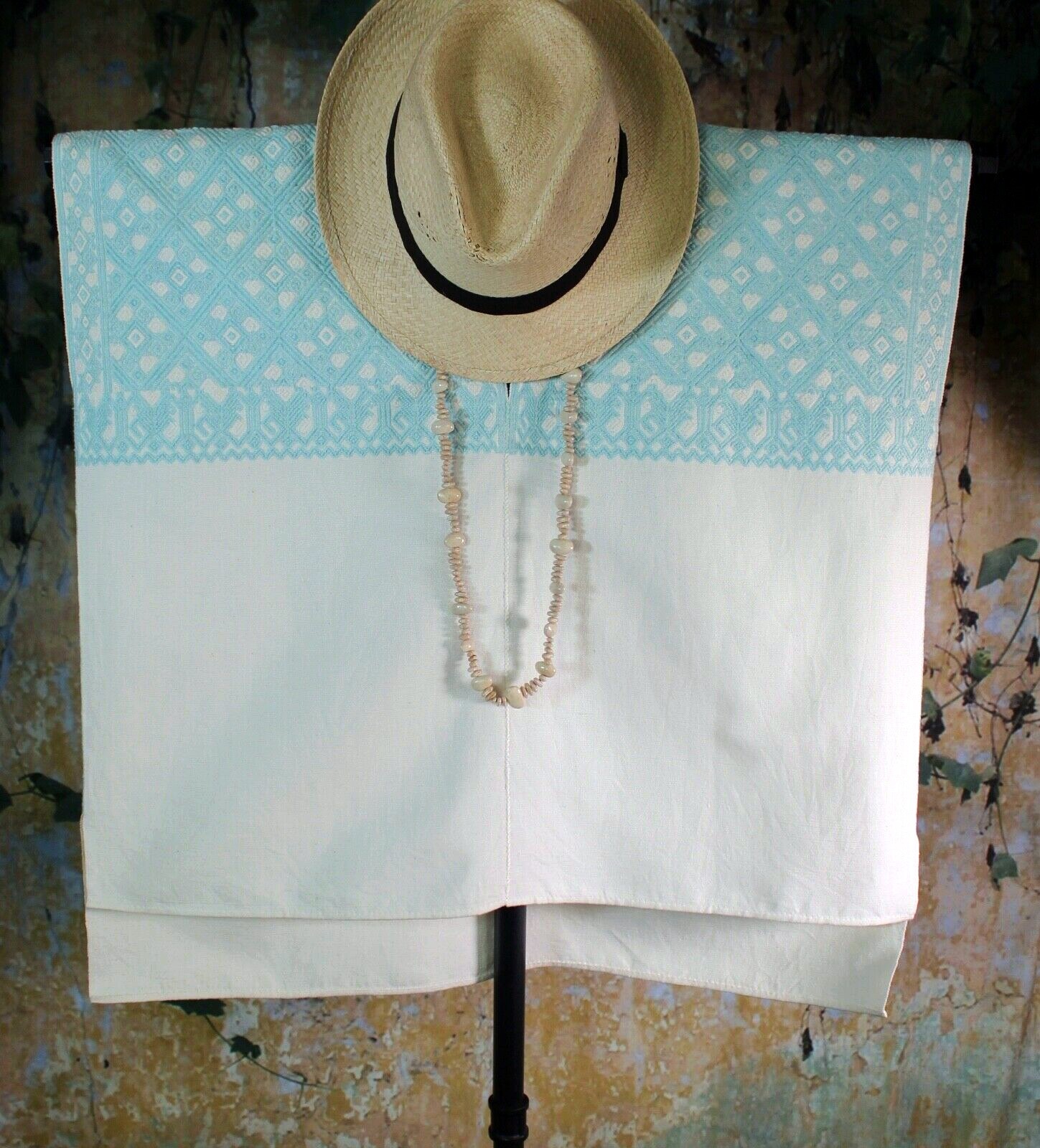 M/L Huipil Aqua & Cream Handwoven Backstrap Loom Mayan Larrainzar Chiapas Mexico