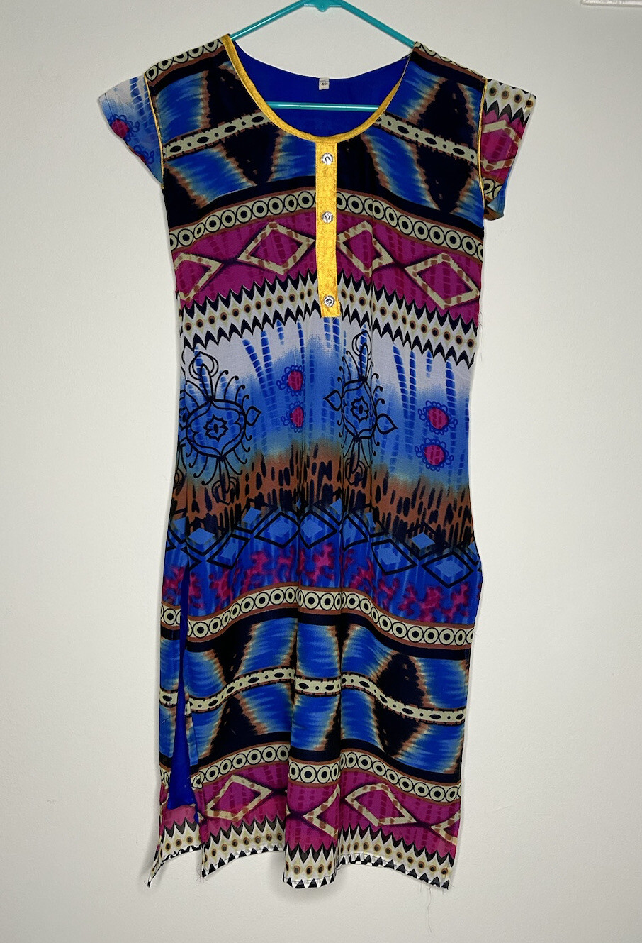 Indian Pakistani Womens Casual Kurta Size 42 Multicolor Short Sleeve Round Neck