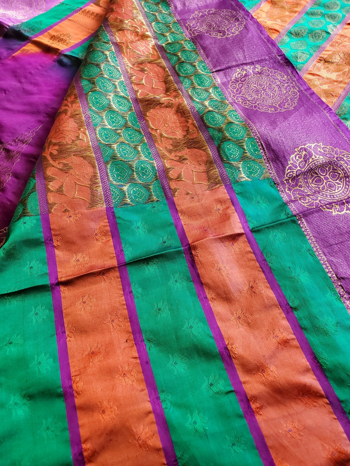 Authentic Pure Silk Dharmavaram Pure Silk Saree Horizontal Panels Green Orange