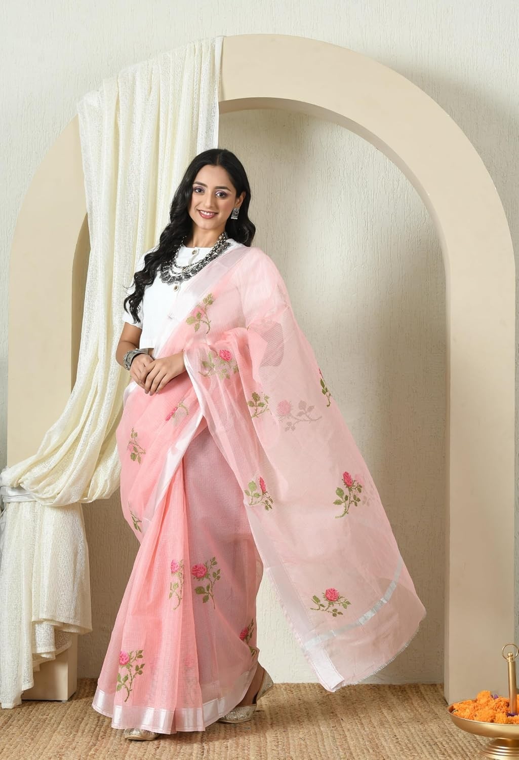 Women’s Kota Doria Pure Cotton Embroidery Saree With Blouse Piece