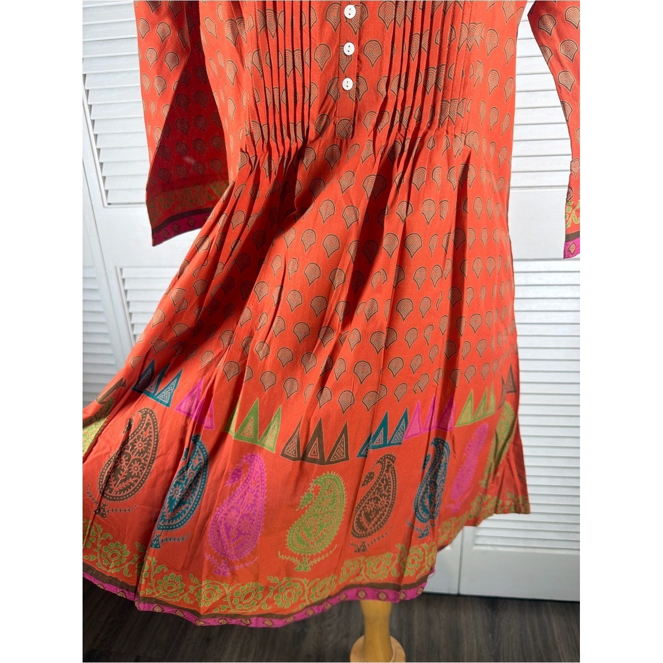 Shree Krishna India Paisley Pleated Kurta Tunic Dress L Boho 3/4 Sleeve