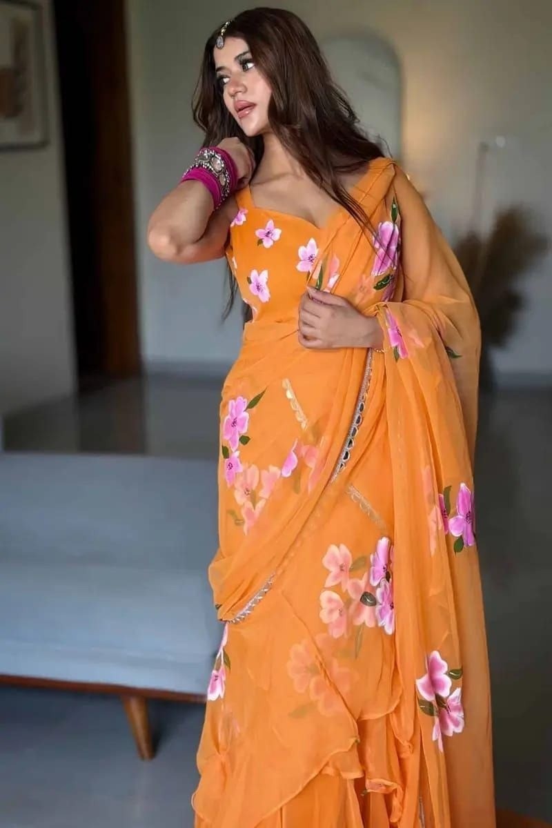 Orange Pre Draped Saree Lehenga Style Georgette Ruffle Dupatta Party Wear