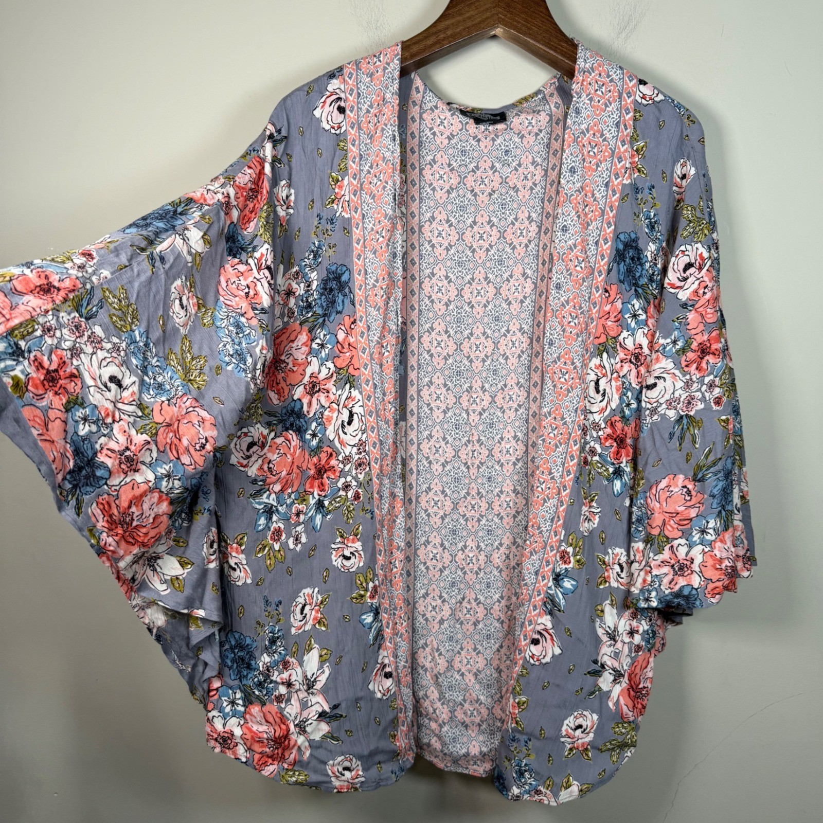 Angie Mixed Pattern Floral Boho Open Front Kimono Cardigan Medium