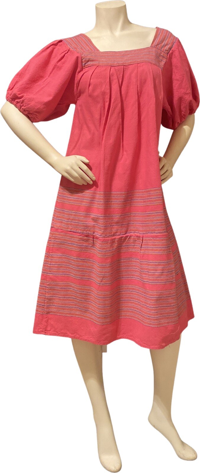 VTG Pink/Multi Woven Peasant Dress￼ Mexican MIDI Puff Sleeves Serape Stripes M