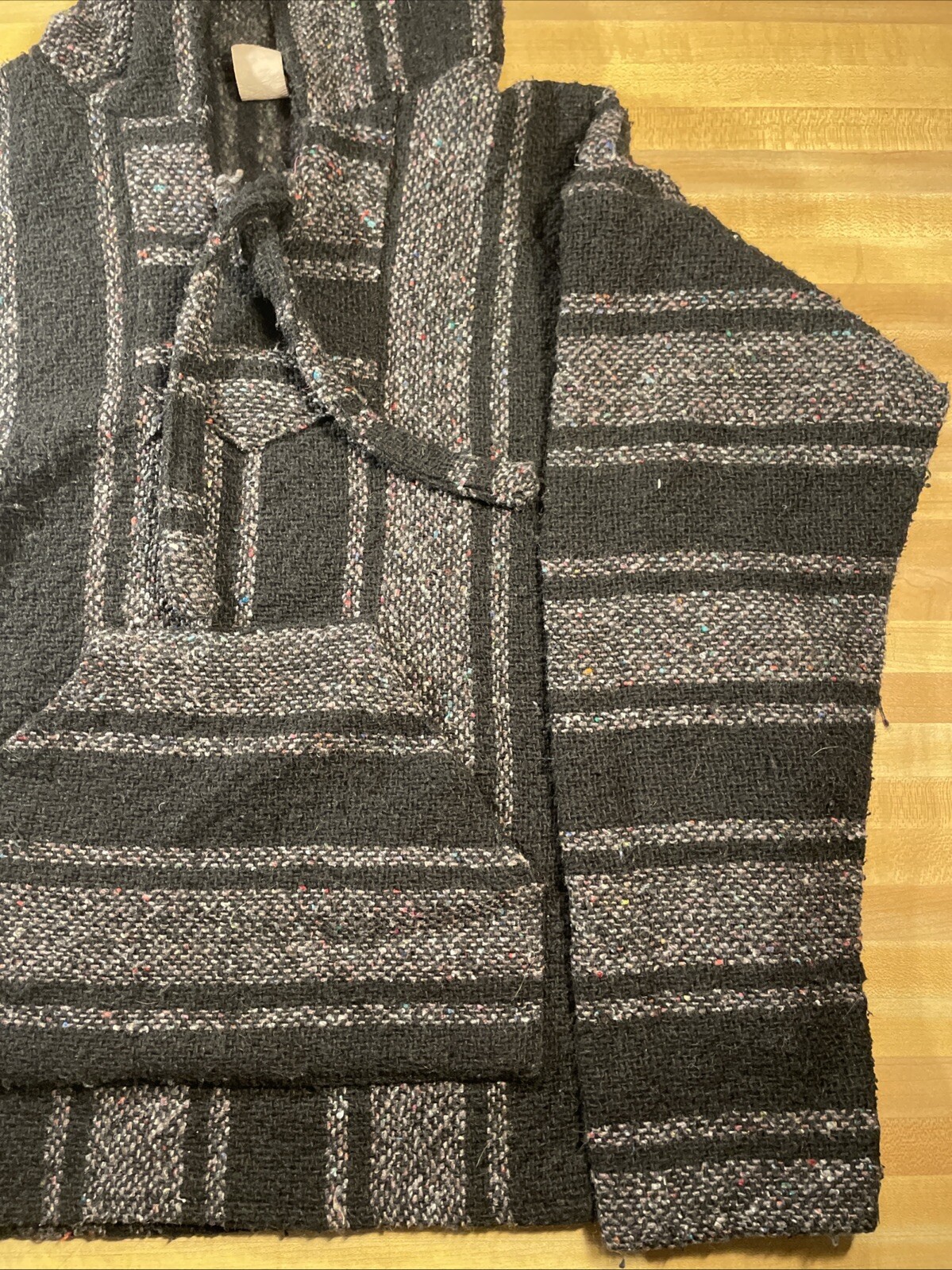 Traditional Mexican Baja Pullover With Pocket Size Small Gray And Black Serape