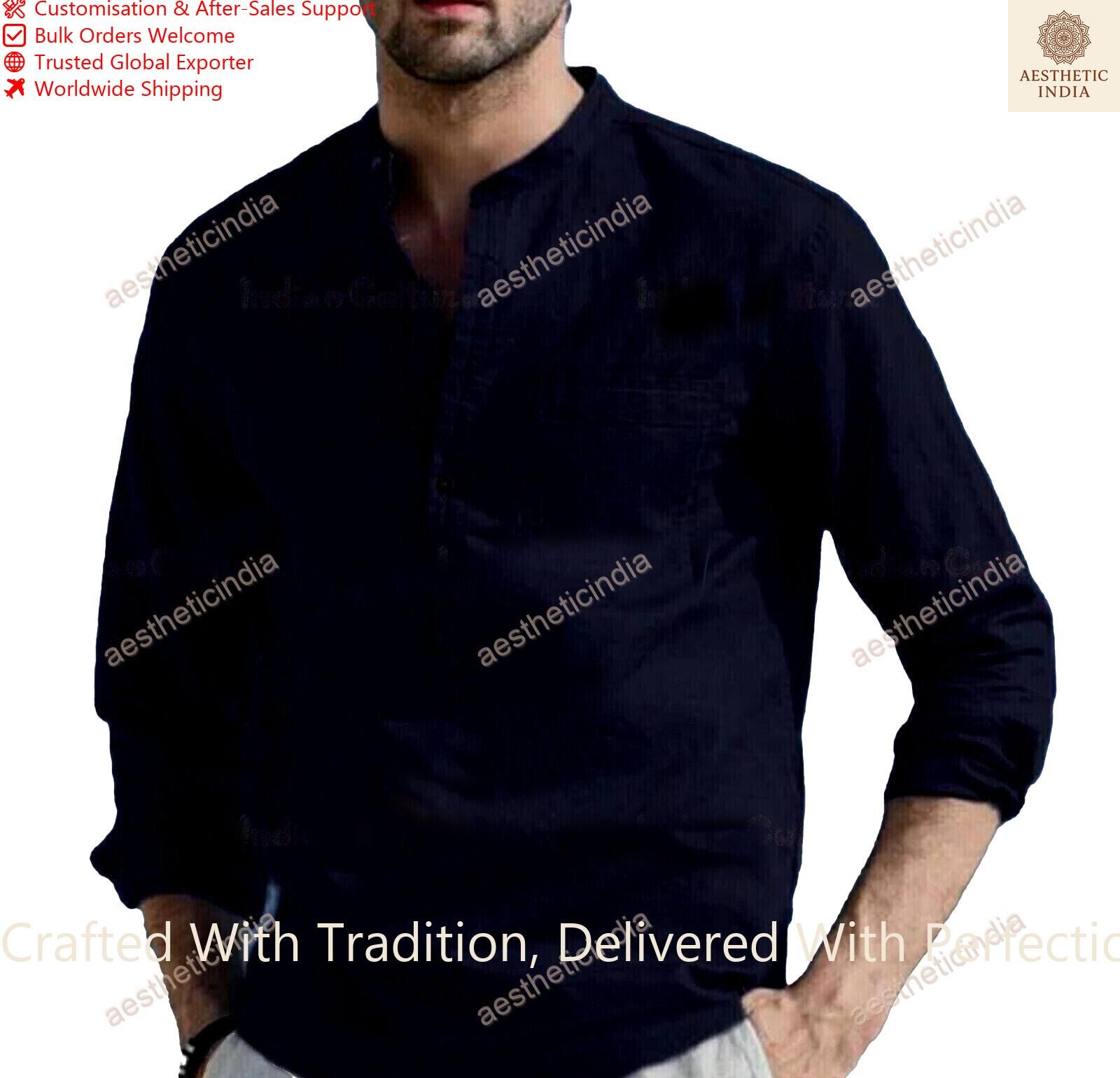 Mens Kurta Solid Kurta Mens Wear Cotton Kurta Long Sleeve Kurta Color Black