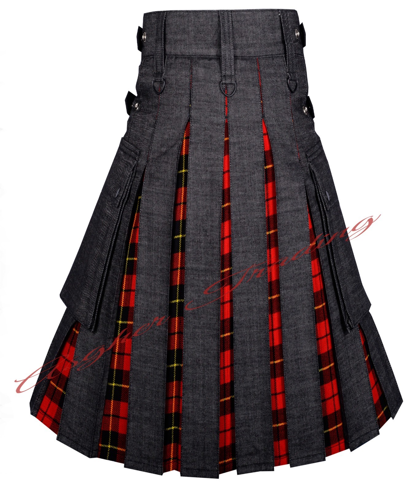 Handmade Scottish Black Denim & Wallace Tartan Hybrid Utility Kilt Made to Order