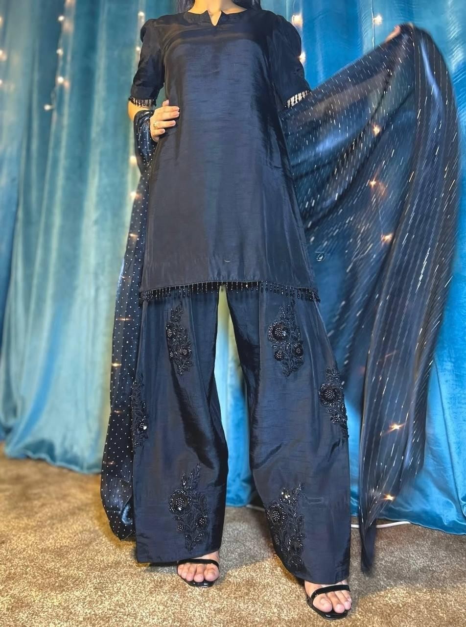 DESIGNER BLACK HEAVY NATURAL SILK FARSHI PALAZZO SUIT WITH DUPATTA FOR FUNCTION