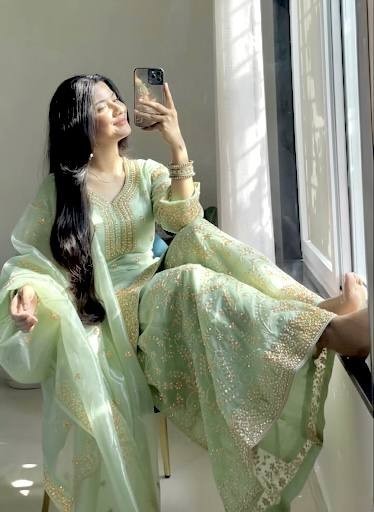 Wedding Wear Mehndi Green Chinon Silk Top Palazzo With Dupatta For Women & Girls
