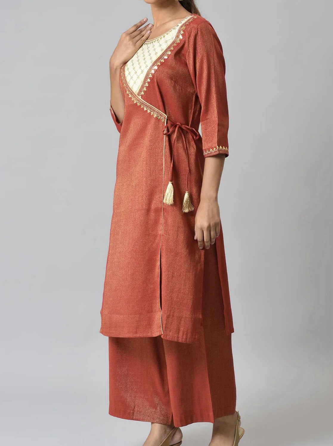 Red zari Embroidered kurta and straight palazzo front and side Slit With Tessels
