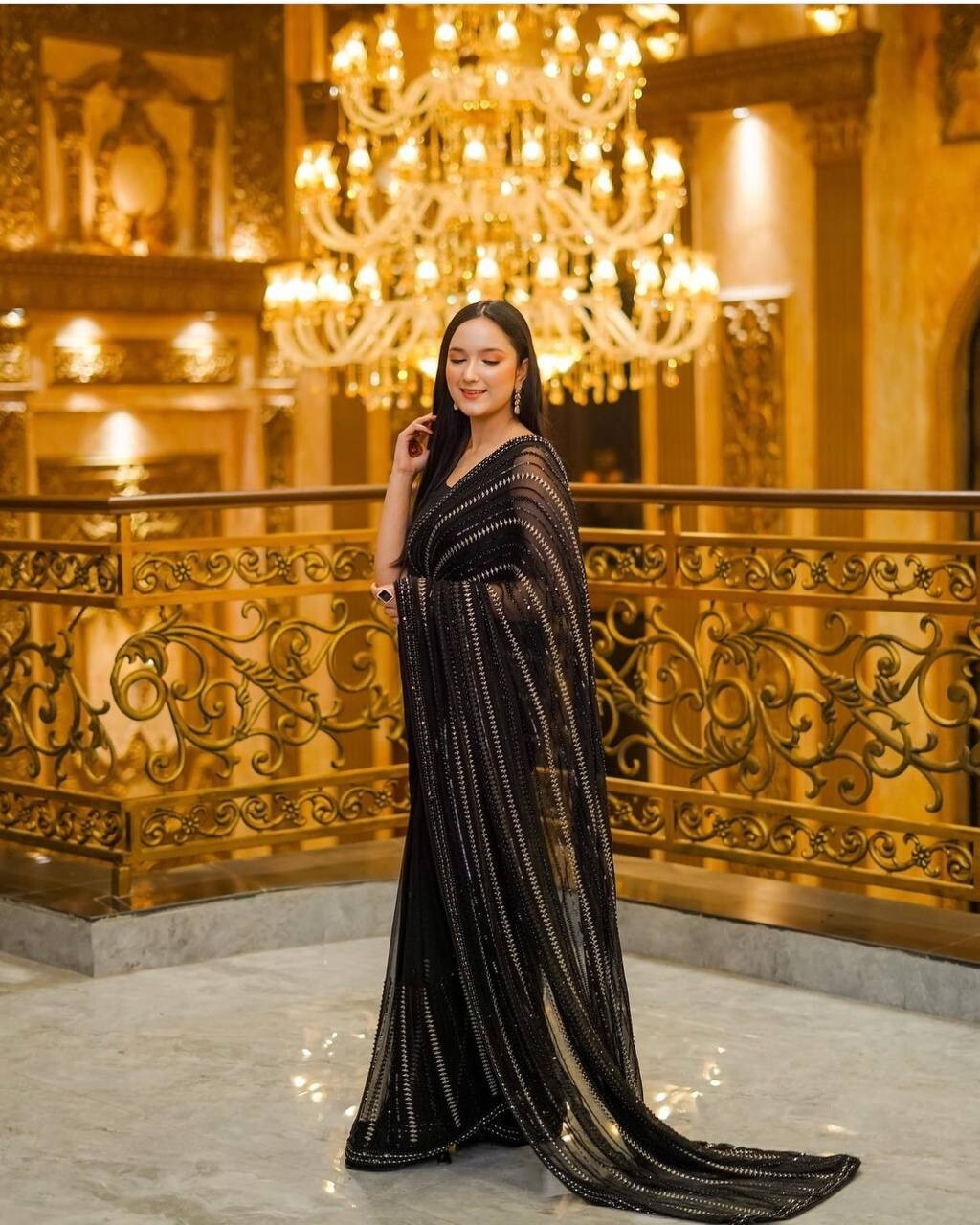 Exclusive Georgette Black Saree With Banglori Satin Blouse For Indian Function