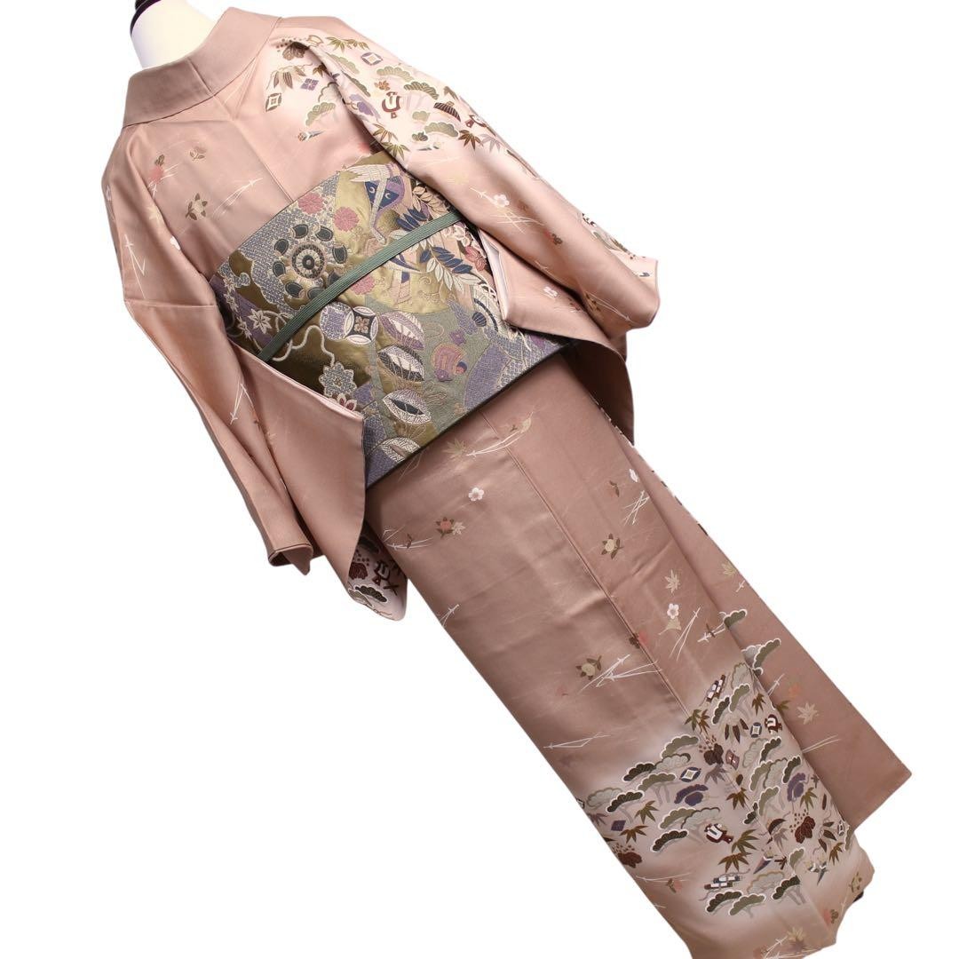 Kimono Treasure Ship Motif Embroidered Houmongi Visit Wear Pink Ochre