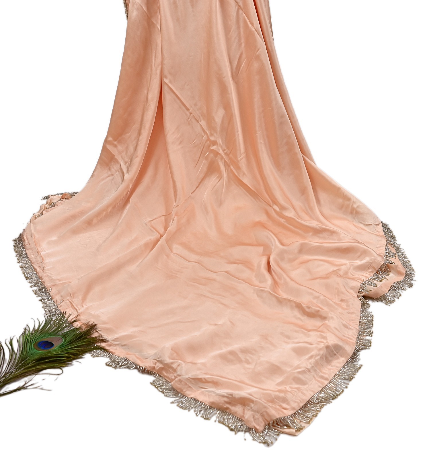 Rare Vintage Peach Pure Satin Silk Saree Hand Embroidered Fabric 5.5 Yards Sari
