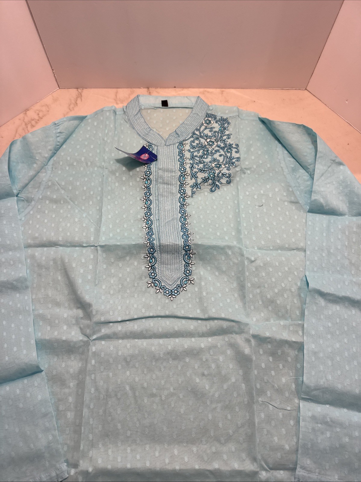 Addition Men’s Embroidered Kurta Sky Blue Floral Tunic Shirt Size 44 New