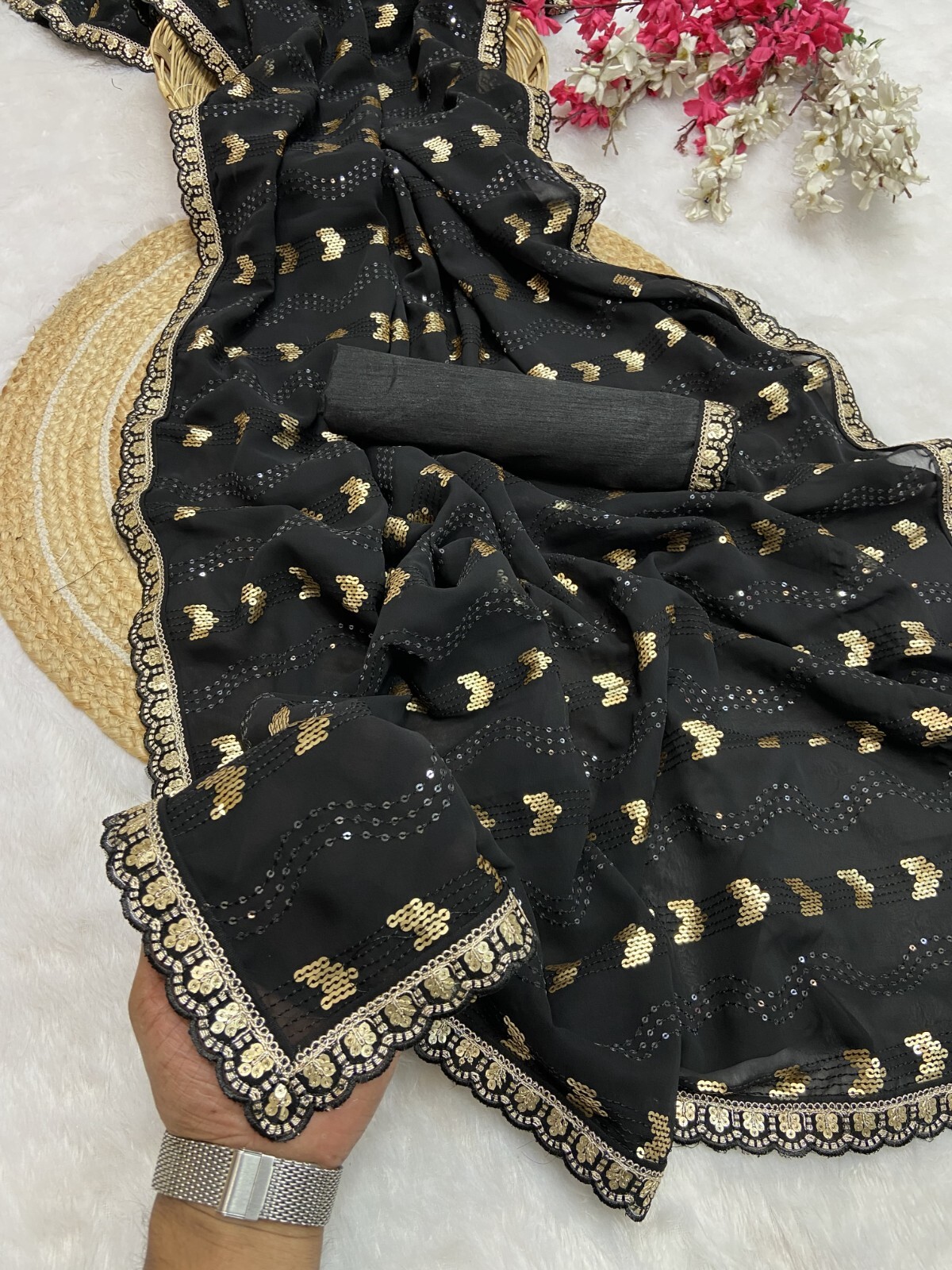 Georgette Saree with Sequence & Thread Work | Banglory Silk Blouse | Party Wear