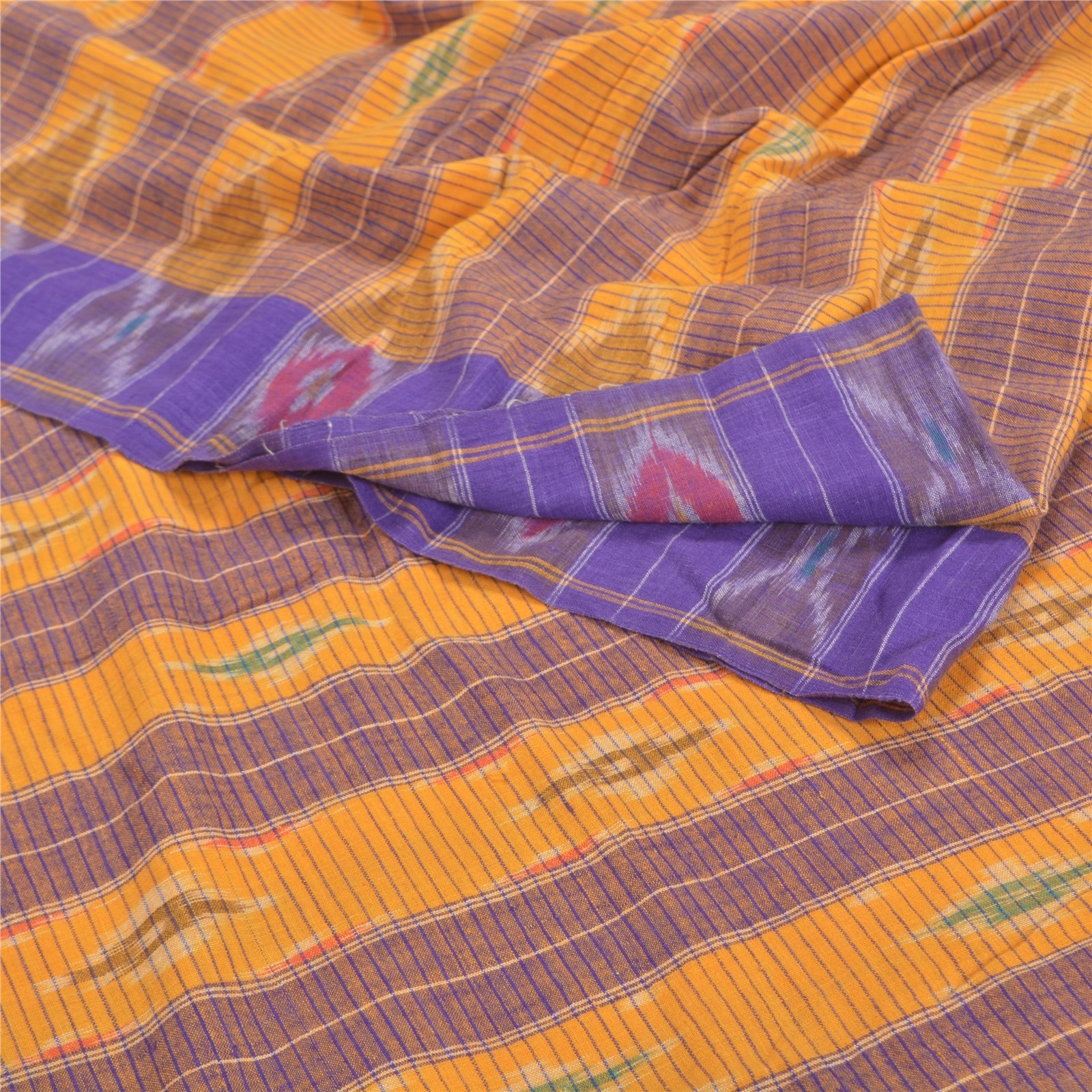 Sanskriti Vintage Sambalpuri Ikat Saree Handwoven Pure Cotton Sari Yellow Fabric