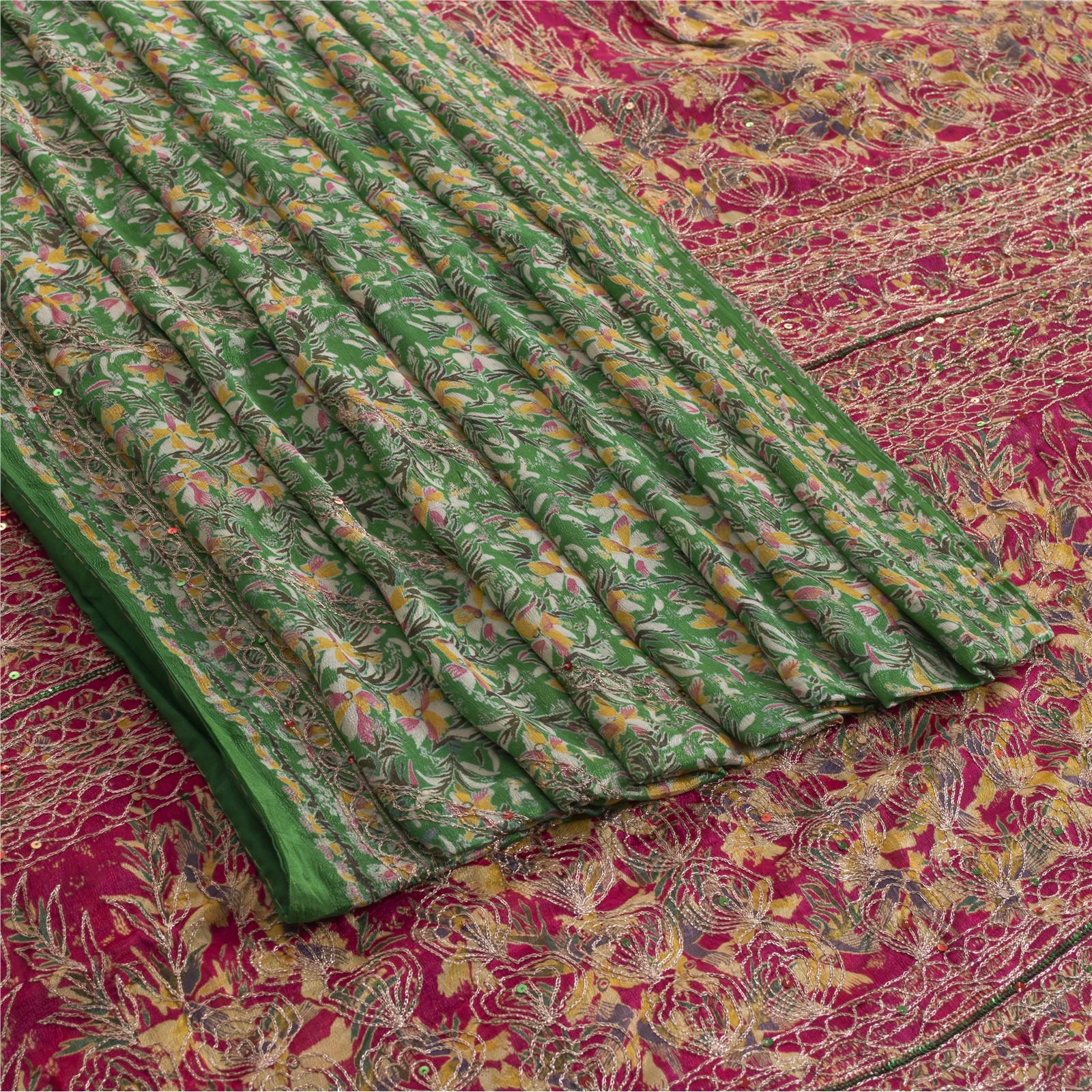 Sanskriti Vintage Sarees Green Embroidered Pure Silk Sari 5Yd Craft Fabric