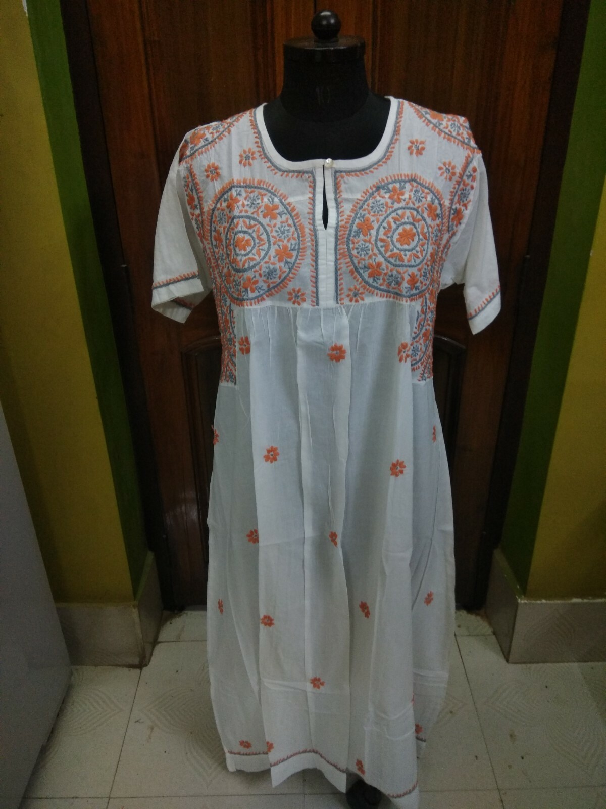 ETHNIC LONG MAXI XL 45″ HANDMADE 100% COTTON TOP KURTA KURTI CHIKAN EMBROIDERY