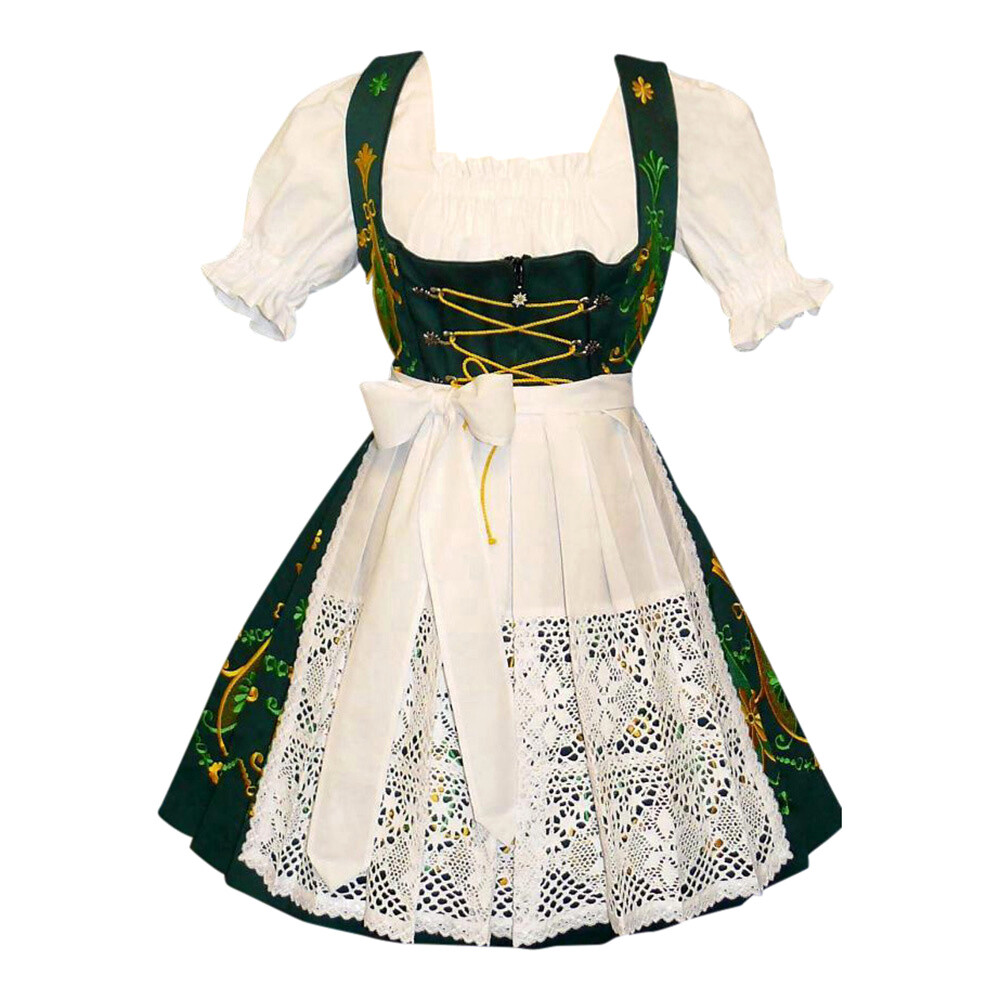 XL 20 German Dirndl Short Green Dress Oktoberfest Waitress Party EMBROIDERED