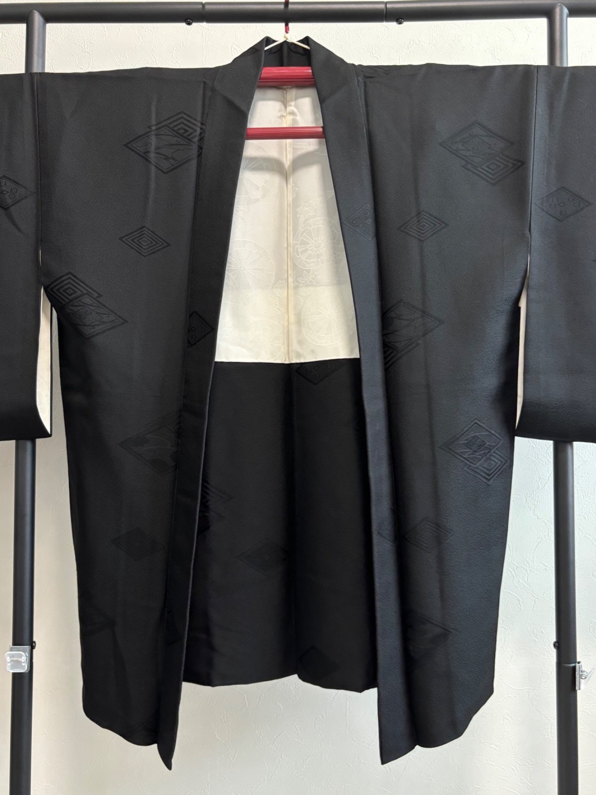 Vintage Japanese Black Haori Kimono Jacket Tonal Geometric Pattern from Japan