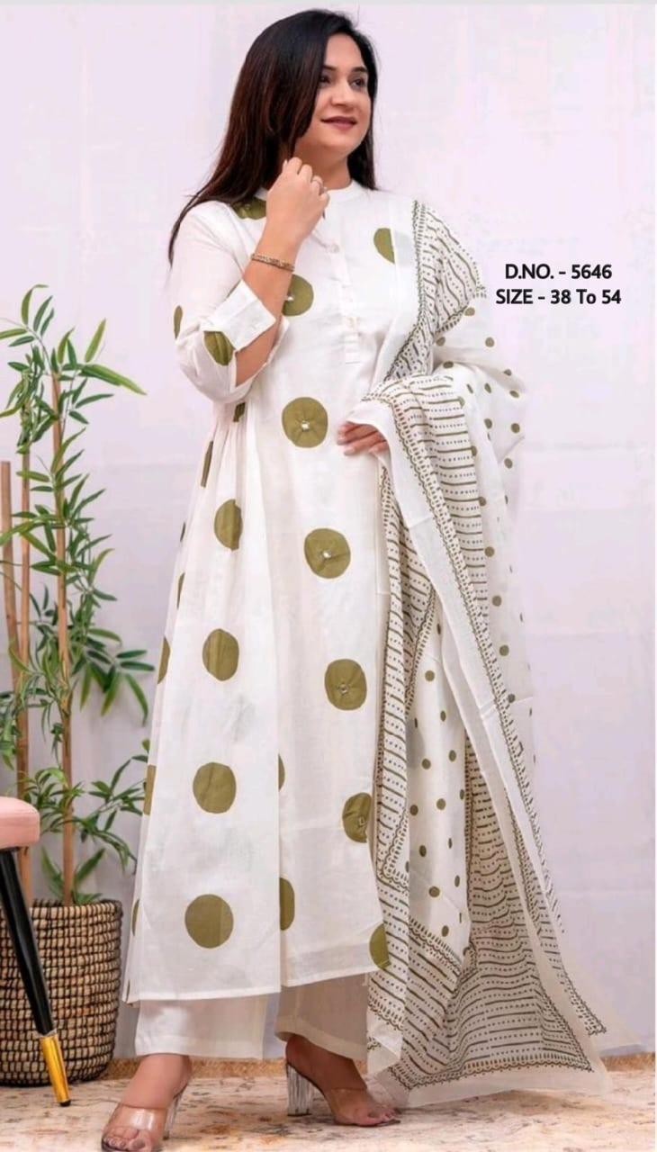 Women White Plus Size Indian Cotton Mul Kurta Top, Pant & Dupatta, Hand Adda Top