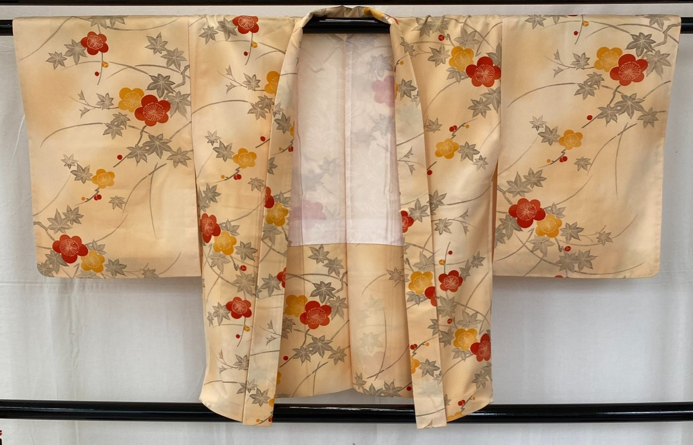 Japanese Vintage Kimono Haori Jacket Polyester Beige Traditional Authentic 29 in