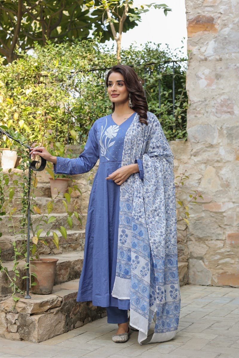 Women’s Cotton Embroidered Kurta Set with Printed Dupatta Indian Ethnic Suit