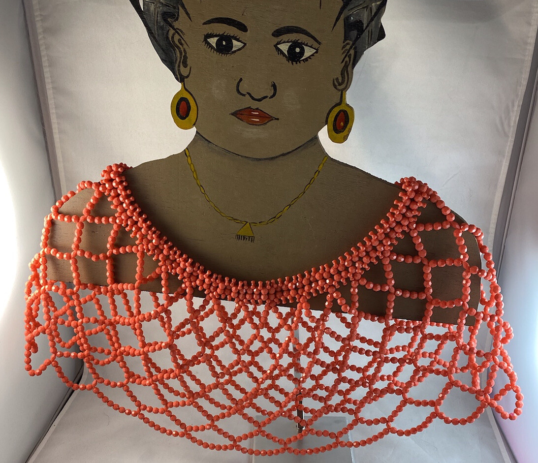 African Traditional Royal Bridal Coral color Igbo Edo beaded Bridal cape Blouse
