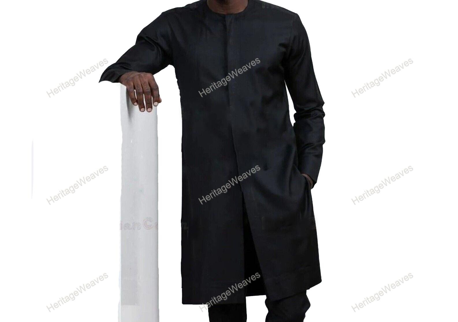 Black Mens Art Cotton Wedding Kurta Fancy Dress Traditional Kurta