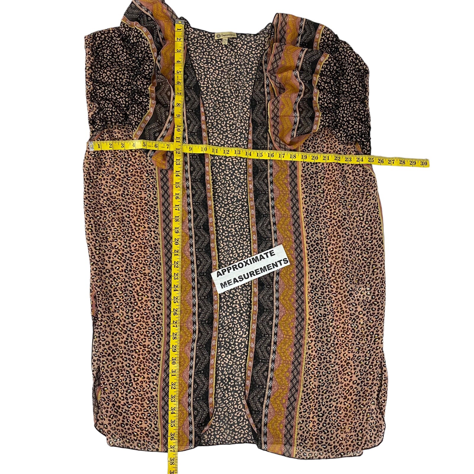 Democracy Kimono Womens Large Duster Brown Animal Ruffle Lagenlook Boho Office