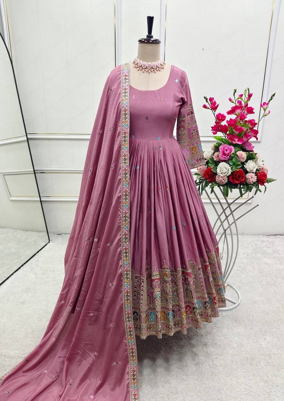 New Pink Chinnon Silk Salwar Kameez With Dupatta For Indian Wedding