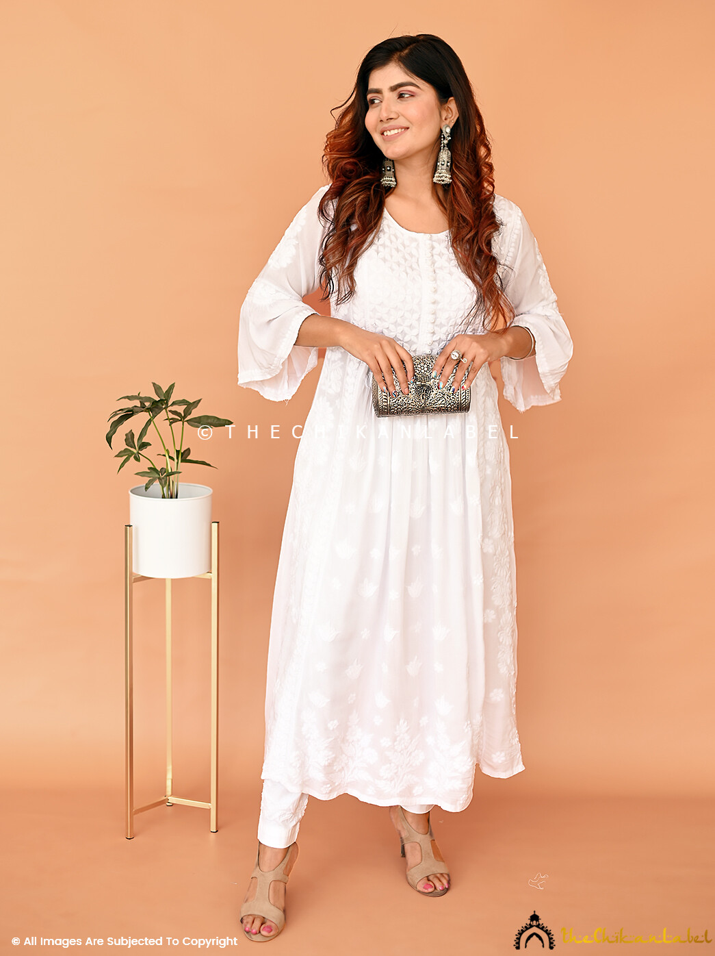 White Falak Modal Chikankari Anarkali Lucknow Chikan Handmade Frock