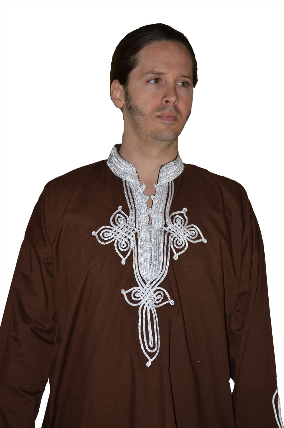 Moroccan Men Tunic Shirt Cafan Casual Handmade Embroidered Cotton XL Chocolate