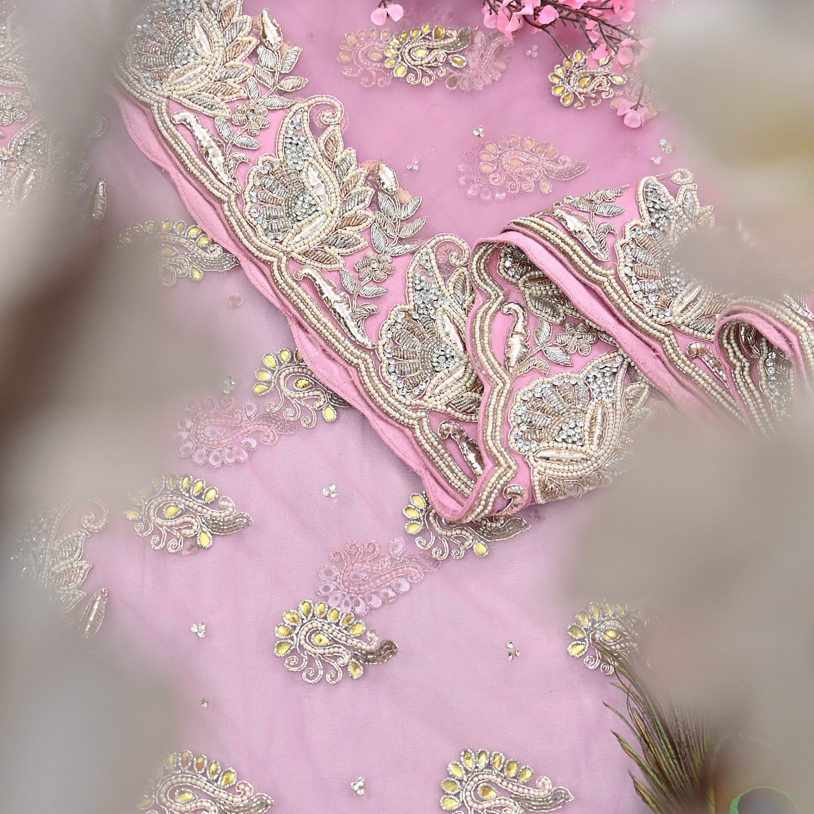 Indian Vintage Sari Pink Net/Mesh Hand Embroidered Anamika Khanna Designer Saree