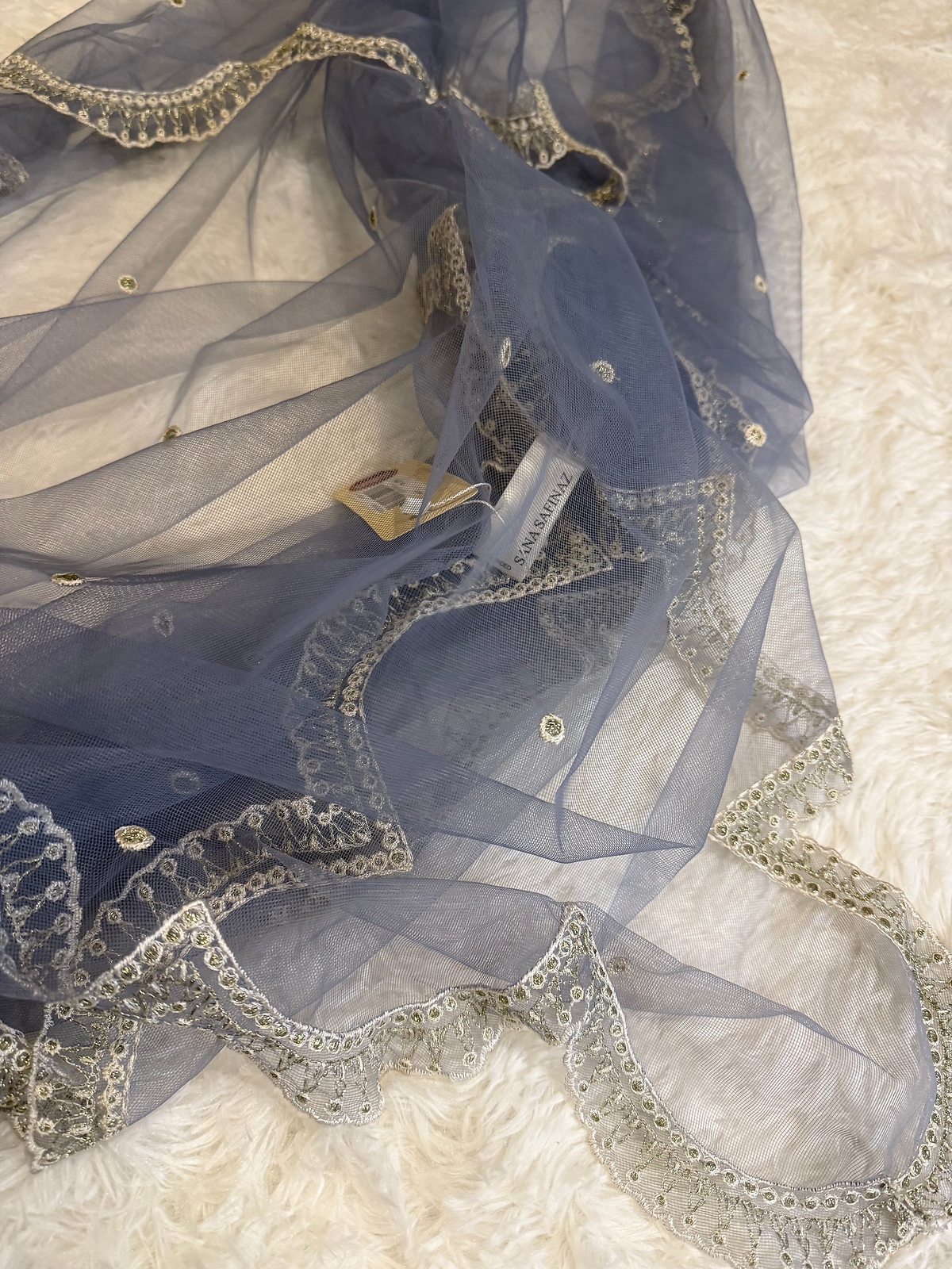 Sana Safinaz Net Dupatta in Blue with Gold and White Embroidery