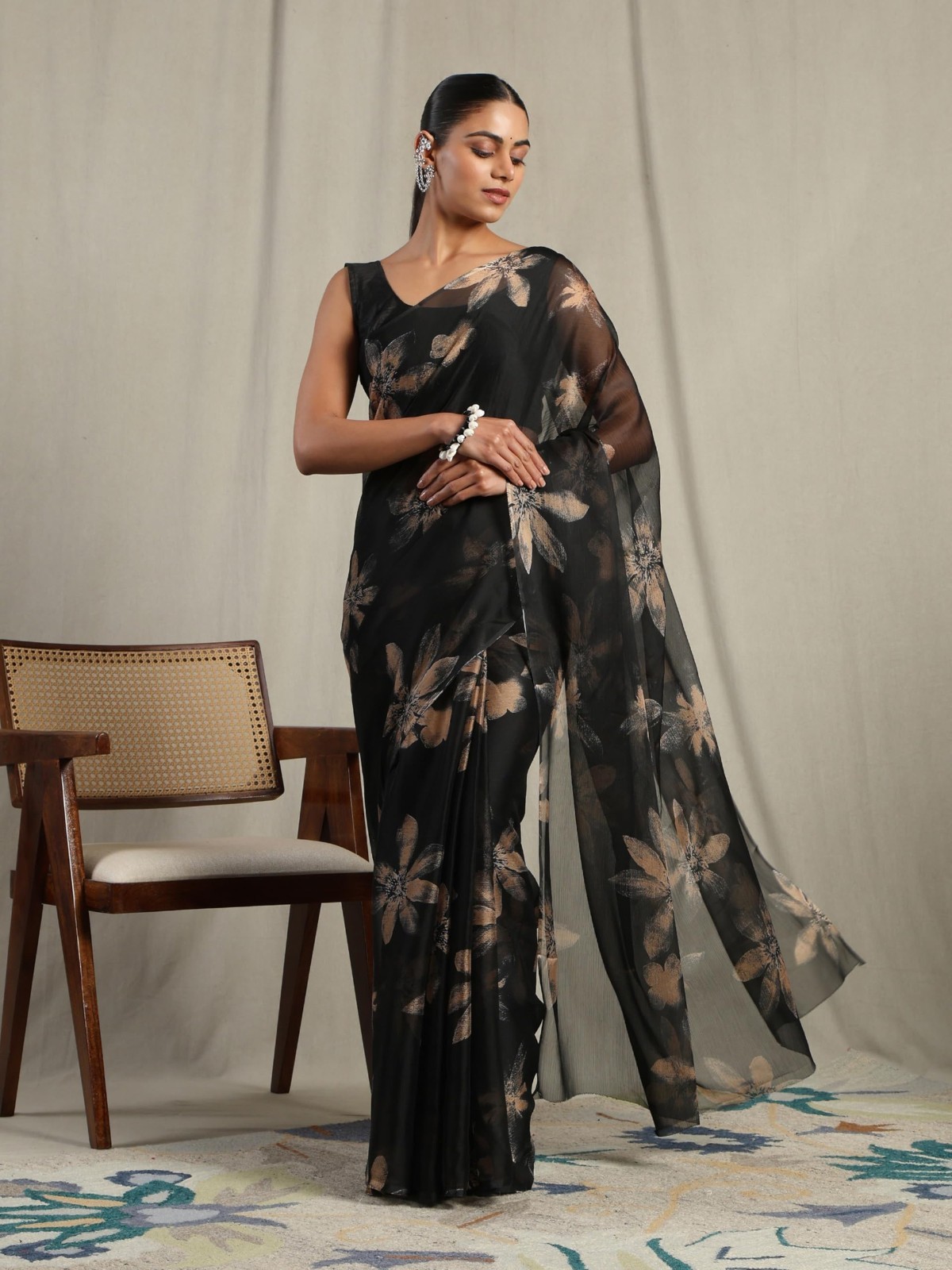Women’s Floral Print Chiffon Saree Indian Bollywood Designer Festive Party Wear