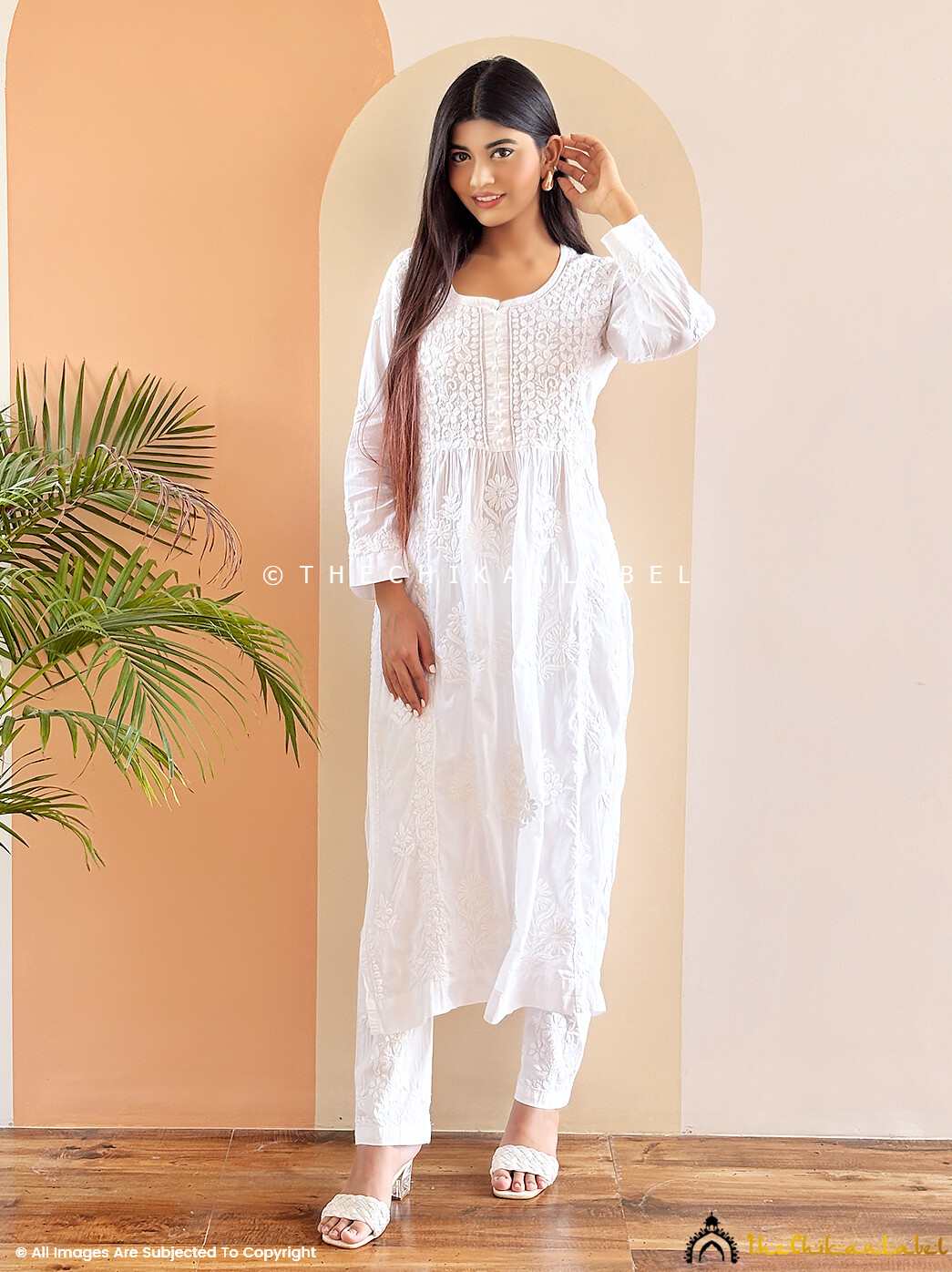 White Cotton Chikankari Nyra Cut Straight Kurti Lucknow Chikankari Handmade