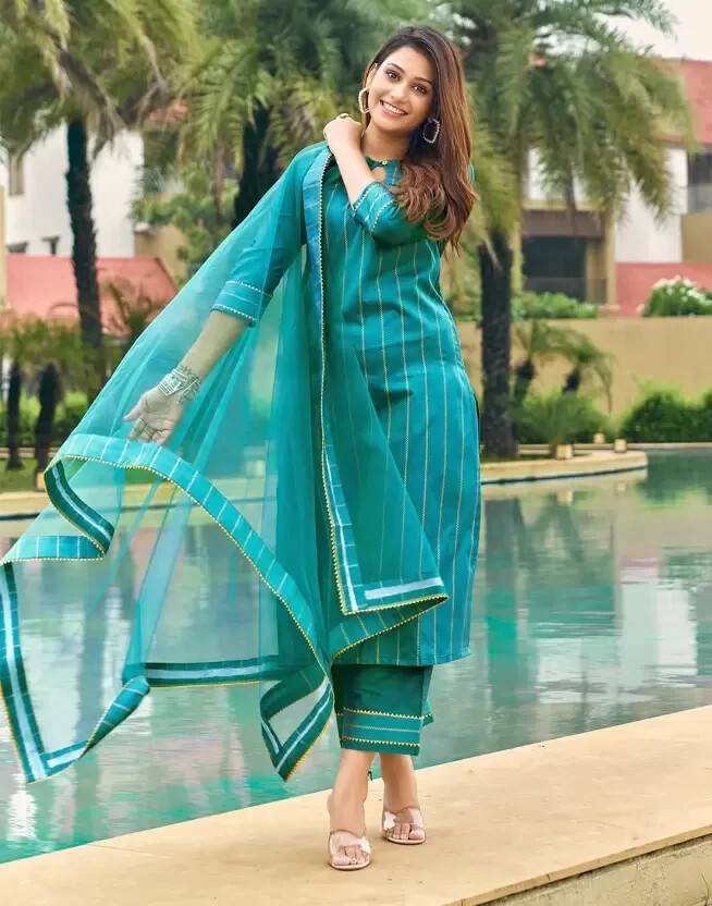 Party Wear Designer Women Silk Blend Kurti Palazzo Dupatta Set Indian Pakistani