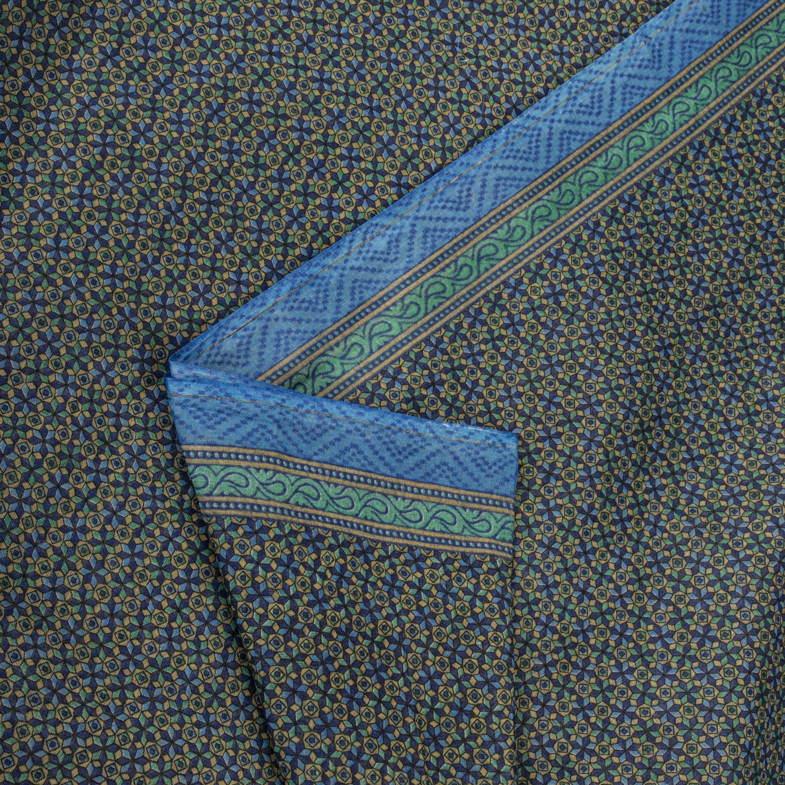 Sanskriti Vintage Saree Blue Pure Cotton Geometric Printed Fabric 5+Yard Sari