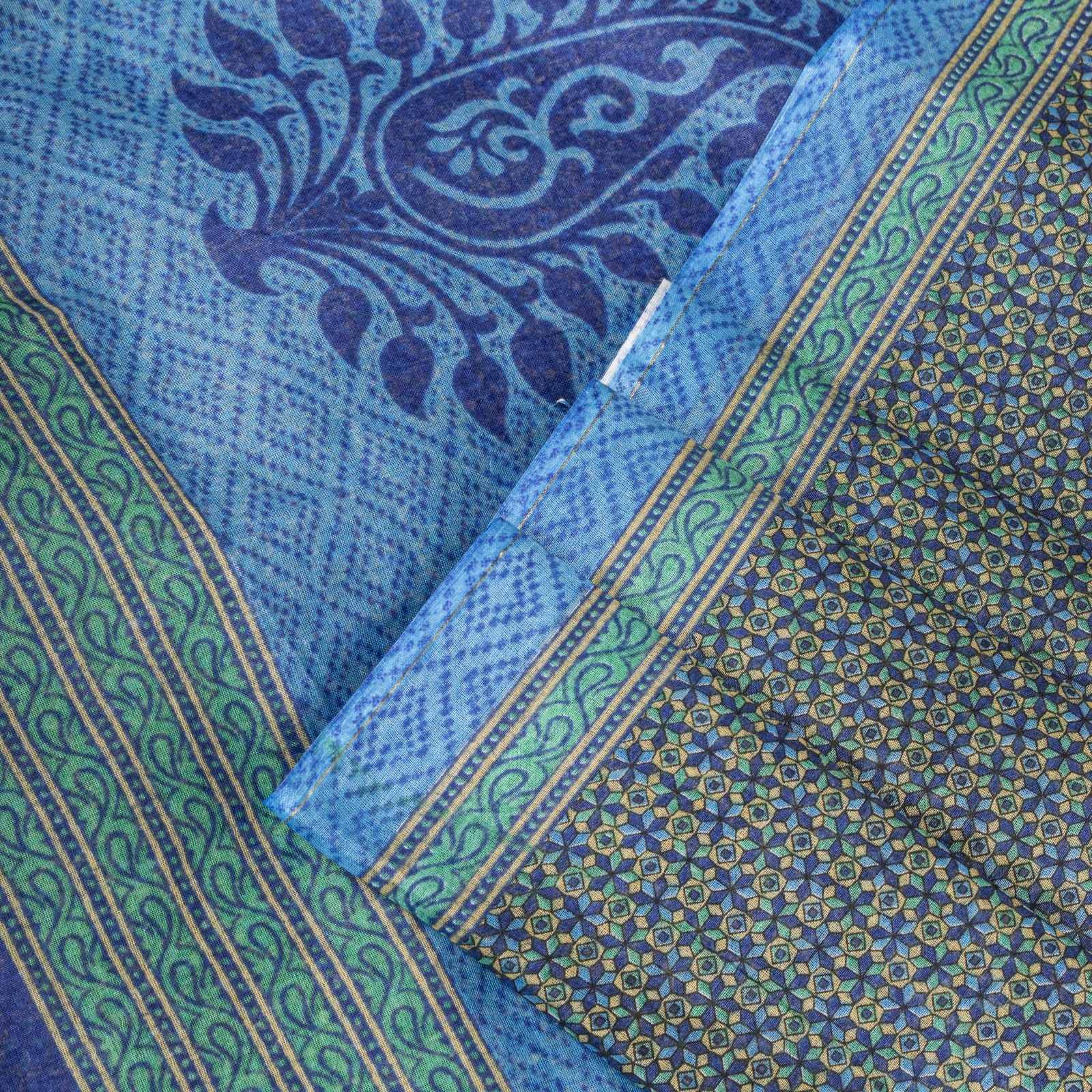 Sanskriti Vintage Saree Blue Pure Cotton Geometric Printed Fabric 5+Yard Sari