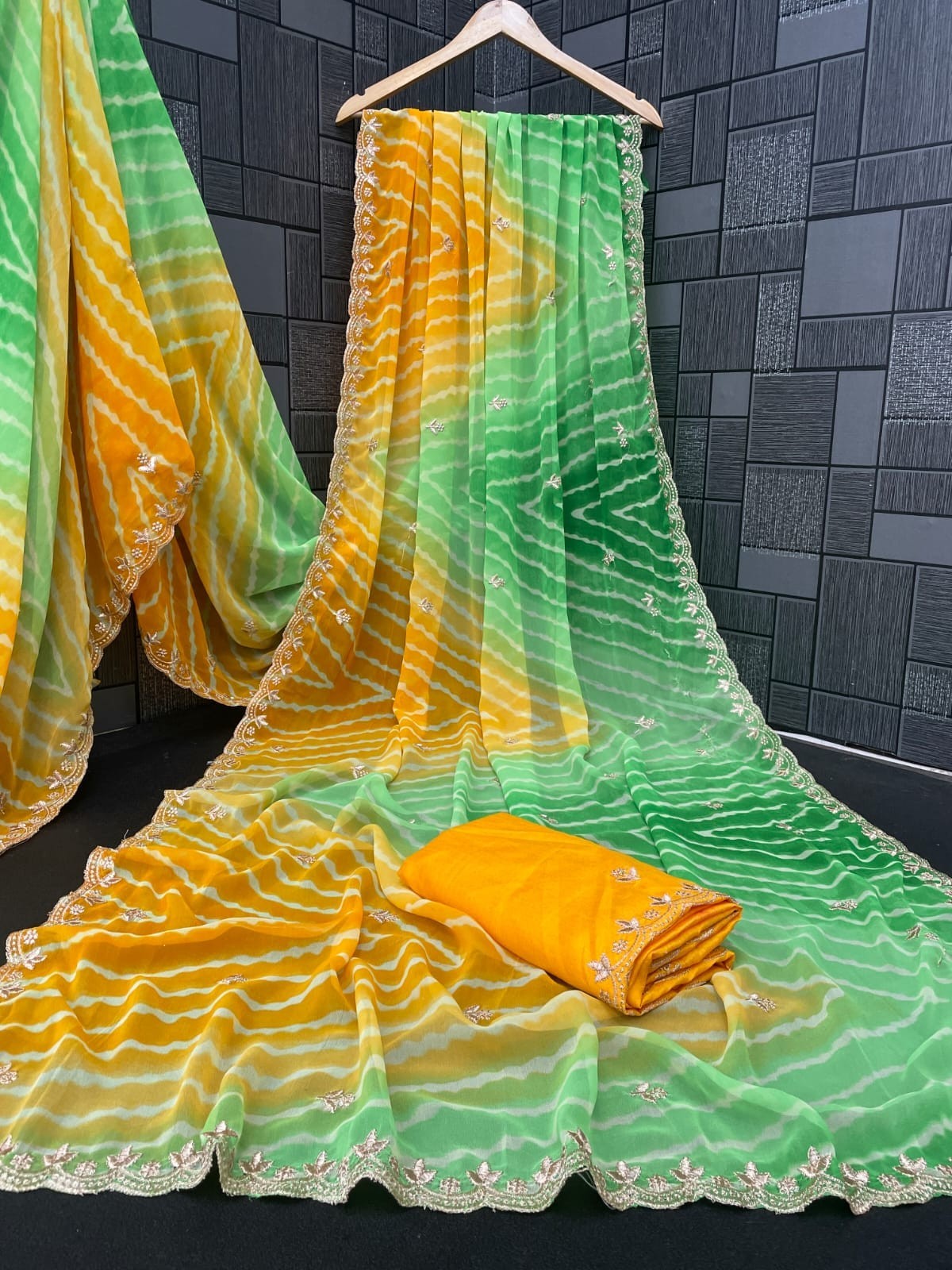YELLOW & GREEN COLOR GEORGETTE PRINTED EMBROIDERED WORK BEAUTIFUL WOMEN’S SAREES