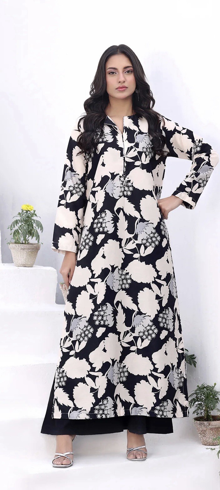 Women’s Black White Floral Print Kurta Kurtas/Kurti Traditional Pakistani Tunic